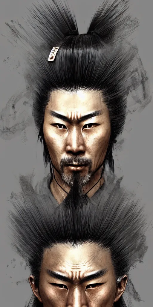 Image similar to portrait of a samurai with iron hair by Simon bisley, hyper detailled, trending on artstation