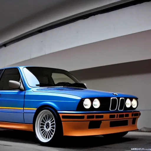 Image similar to a modified bmw e 3 0 with lights on in a futuristic neon parking garage, 3 5 mm photography, car photography, clean lines, realistic