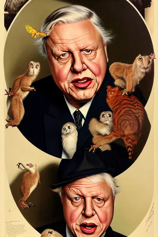 Image similar to david attenborough by gil elvgren and norman rockwell and rob gonsalves and hajime sorayama, hyperrealistic, high detail, ultra detailed, highly detailed face, ruffled fabric