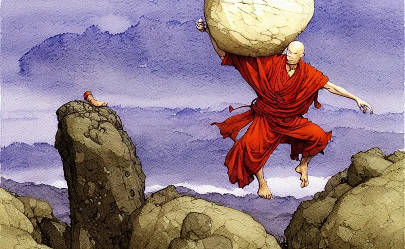 Prompt: a hyperrealist watercolour concept art of a monk levitating a huge rock over his head. it is a misty night on the moors of ireland. by rebecca guay, michael kaluta, charles vess and jean moebius giraud. high detail, hq