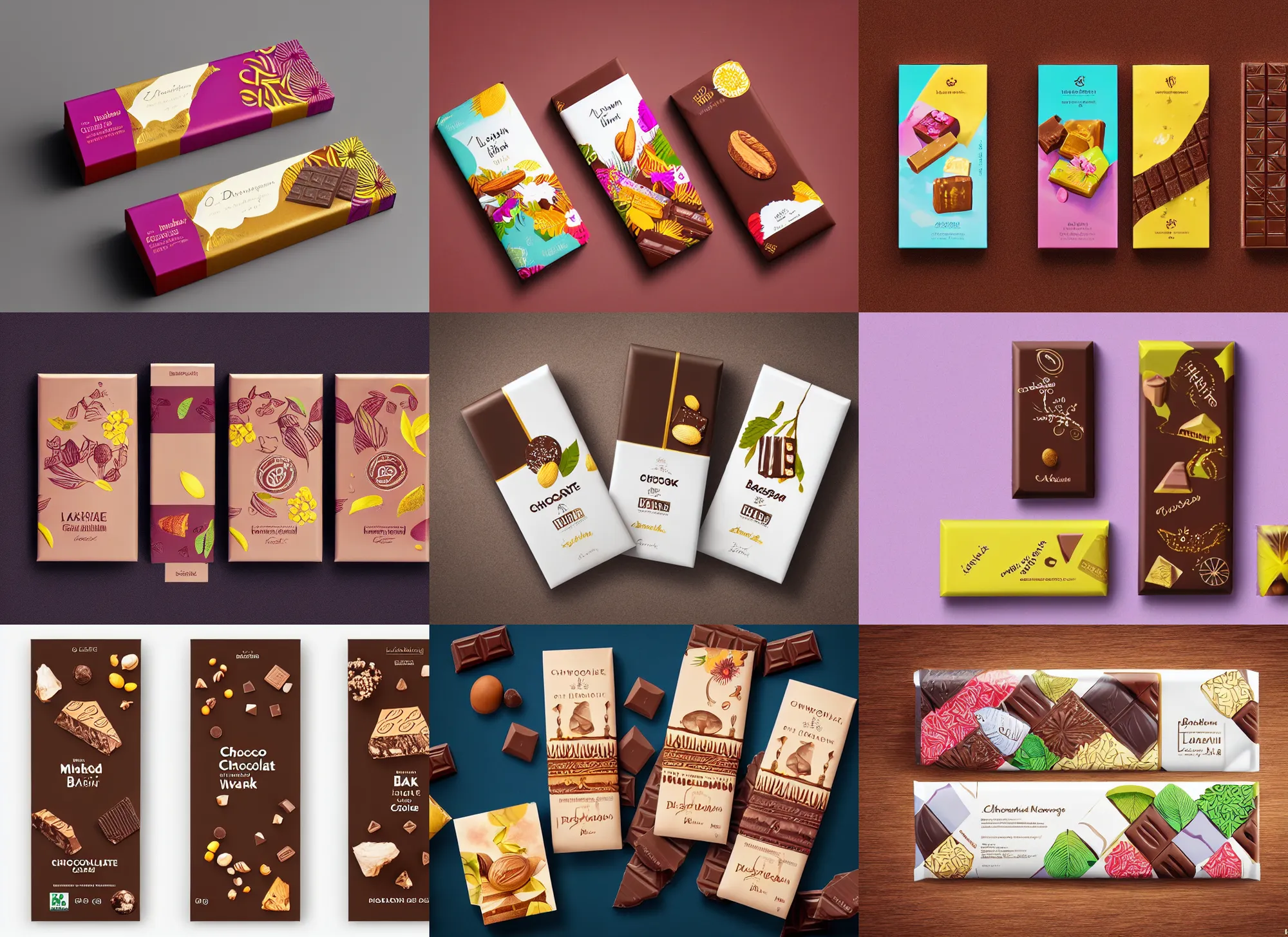 Prompt: conceptual designer chocolate bar packaging, inspired lakshadweep, midsommar, label design, behance, pinterest, packaging of the world, award, front label, packaging design, octane render