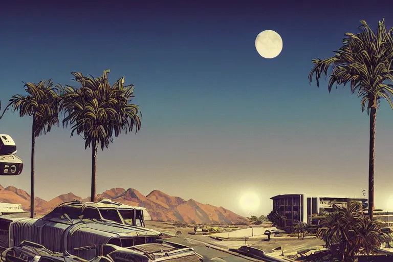 Image similar to broken robot | abandoned motel | palm trees | snowy mountains | moon in sky, painting by syd mead and weta studio and moebius and james jean and frank frazetta, gta san - andreas game screenshot, highly detailed, rule of third, soft lighting, architectural magazine, insanely intricate details, artstation trending, hypermaximalistic, high details, cinematic