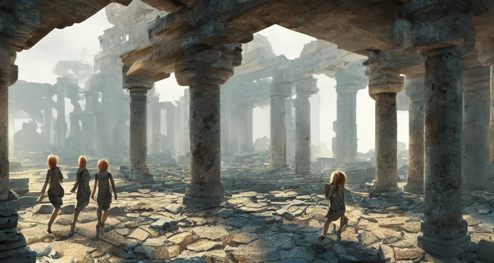 Prompt: Shool girls walking through the interior of an mytical and ancient temple in ruins, hyperdetailed, artstation, cgsociety, golden hour 8k