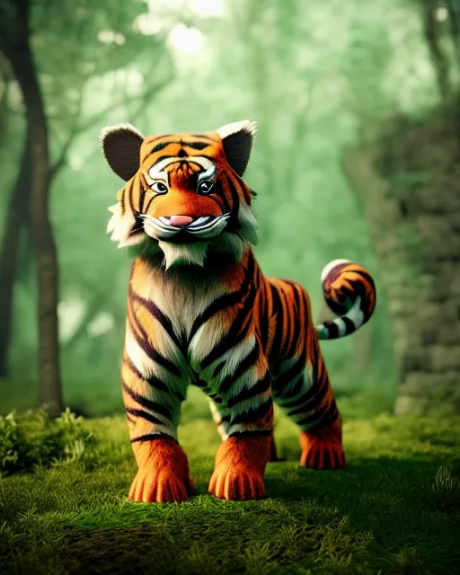 Prompt: little cute fluffy forest tiger, evil, inspiring, adorable, anthro, guardian, dnd, woodland realm, fantasy armored attire!! strange fantasy equipment!! octane render, unreal engine 5, hyper realistic, 8 k