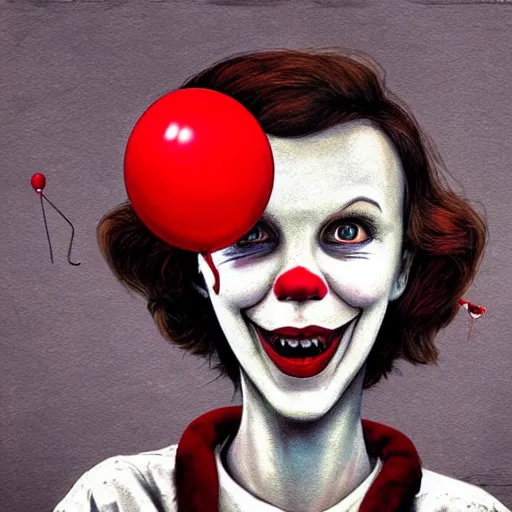 Prompt: surrealism grunge cartoon portrait sketch of millie bobby brown with a wide smile and a red balloon by - michael karcz, loony toons style, pennywise style, horror theme, detailed, elegant, intricate