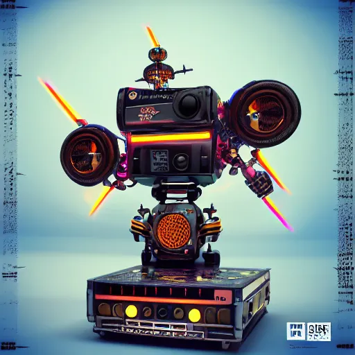 Image similar to album art, text : roborock, 3 steampunk robot drones with robot arms on a dj desk with a cd mixer, 8 k, flourescent colors, halluzinogenic, multicolored, exaggerated detailed, front shot, 3 d render, octane