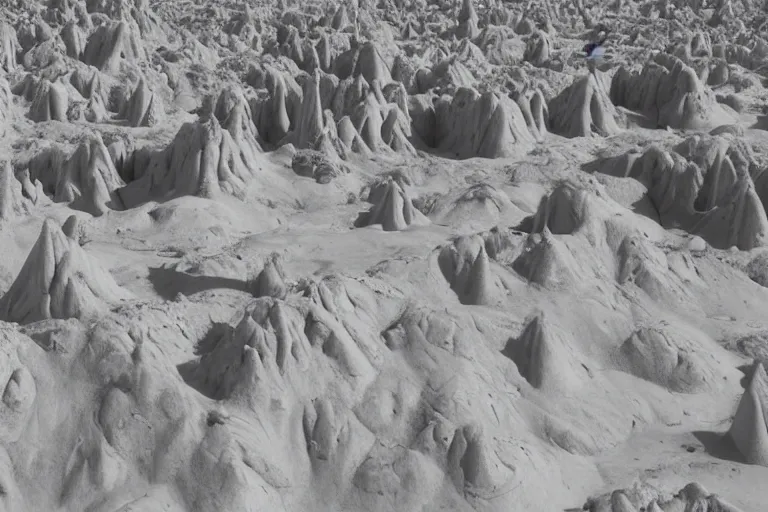 Image similar to landscape hills made of liquid melted wax paper and white brutalist desert gothic cathedral