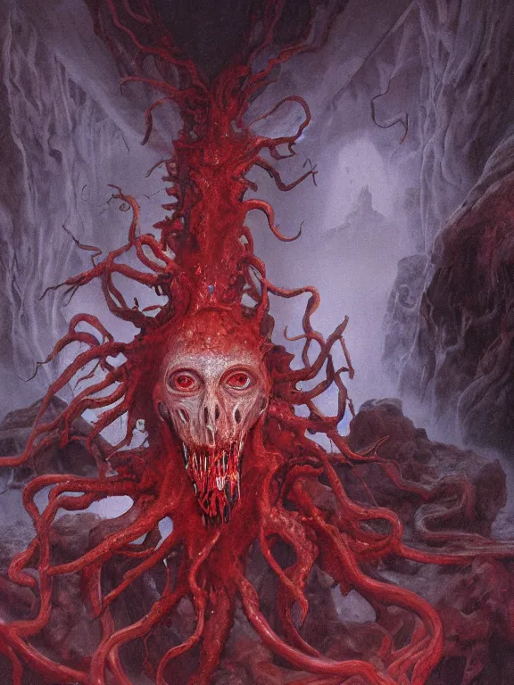 Image similar to wayne barlowe painting of a flying sorrowful looking severed human head with tears running down it's eyes, face that is chalk white in color, with long white tentacles stemming from it's neck, fiery scorching red eyes, background sprawling terrifying hellish cave with lava flowing through it's walls, 4 k