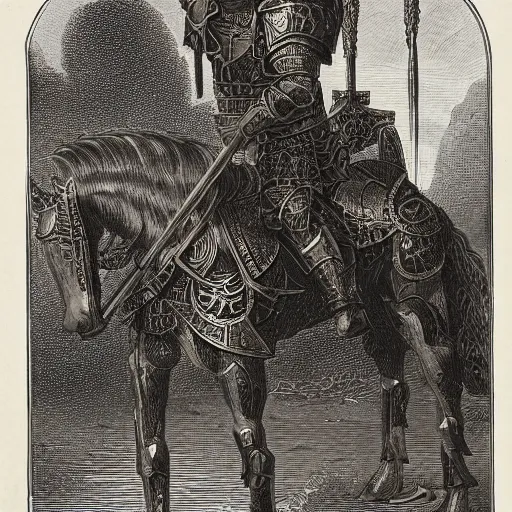 Prompt: gothic knight, intricate etched armor, standing astride a gate, johannes voss