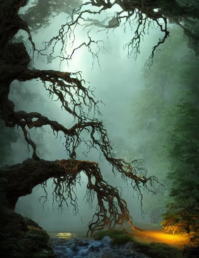 Prompt: a beautiful old tree with glowing lights in the branches with winding buttressed roots rising above a cairn in the mist with waterfalls and rivulets of water running down into an underground lake by james jean by pascal blanche by thomas blackshear, at dawn, volumetric light, spiritual light, houdini particles, trending on artstation