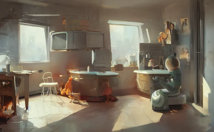 Prompt: a stylish bedroom interior, scifi plastic capsule apartment, kitchen, toilet, painting by Craig Mullins, octane rendering, soft lighting, wide angle lens, worm's-eye view, in the style of Pixar animation, trending on artstation,