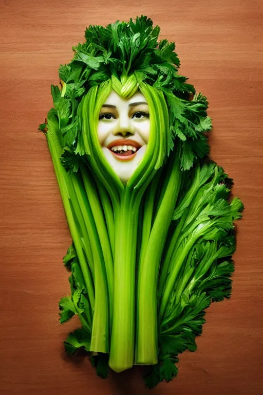 Prompt: selena gomez made out of celery, a human face with celery for hair, a bunch of celery sitting on a cutting board, professional food photography