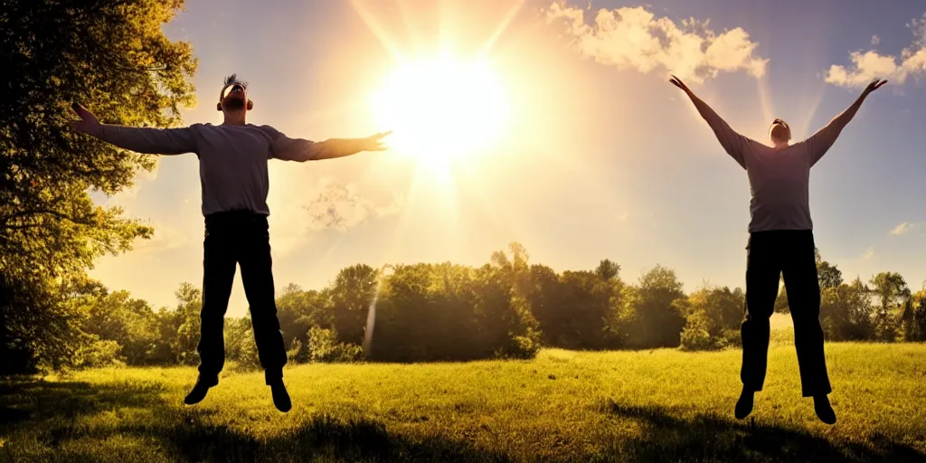 Image similar to a man is levitated by a sunbeam