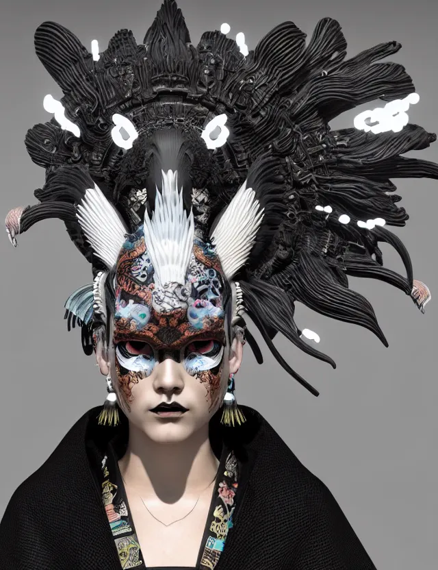 Image similar to 3 d goddess close - up profile portrait punk with mohawk with ram skull. beautiful intricately detailed japanese crow kitsune mask and clasical japanese kimono. betta fish, jellyfish phoenix, bio luminescent, plasma, ice, water, wind, creature, artwork by tooth wu and wlop and beeple and greg rutkowski