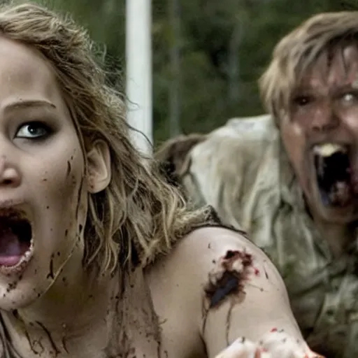 Prompt: jennifer lawrence zombie chases a family