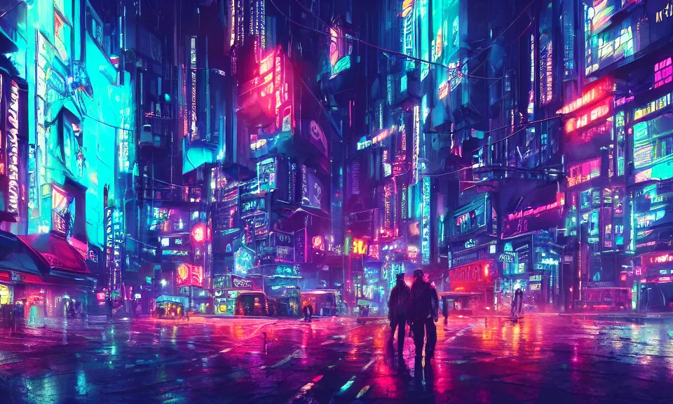 Prompt: a cyberpunk street scene with neon lights, raining, 4k uhd wallpaper, digital art trending on artstation