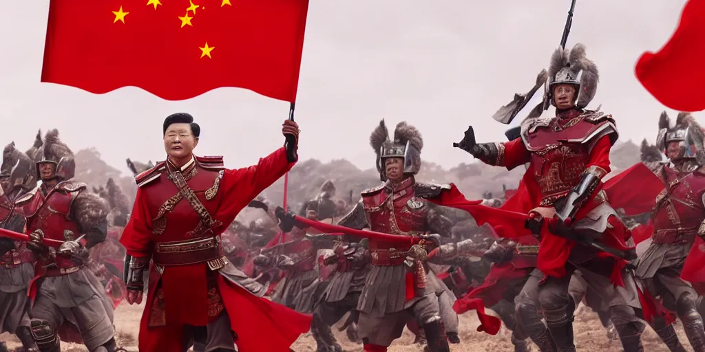 Prompt: mid shot cinematic artwork of a President Xi commanding an ancient Chinese army wearing red armor and holding red flags on the battlefield by greg rutowski, masterpiece, 4k