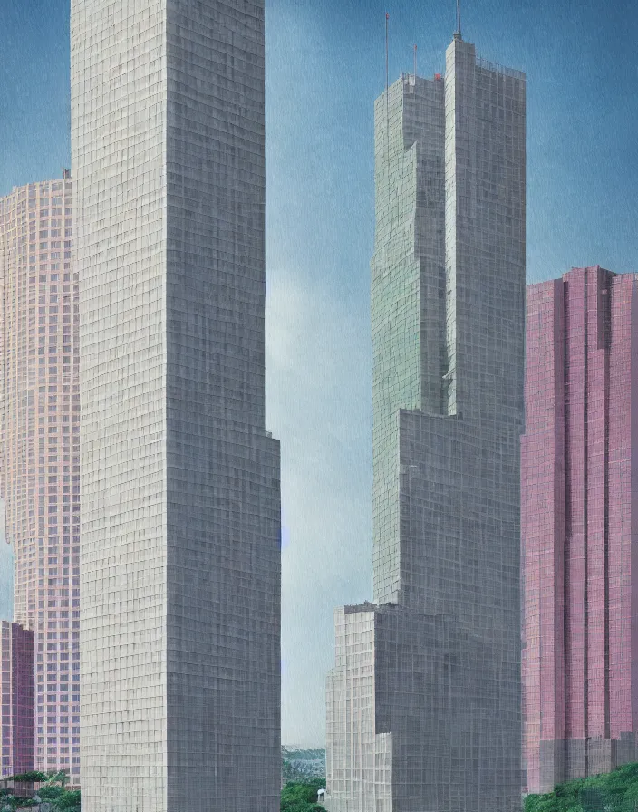 Image similar to fukuoka city tower, a painting, in the style of wes anderson, lola dupre, david hockney, isolated on negative white space background dark monochrome fluorescent spraypaint accents volumetric octane render, no double figure