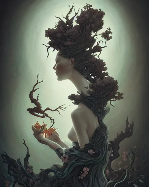 Image similar to fantasy portrait of a woman made of obsidian and smoke, carved Japanese Sakura wood organic overgrowth, holding nevermore, peter mohrbacher, artgerm, James Jean