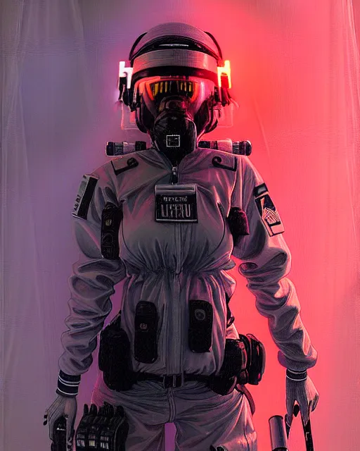 Image similar to detailed neon female swat officer sitting in a fighter jet, cyberpunk futuristic, neon, reflective puffy coat, decorated with traditional japanese by ismail inceoglu dragan bibin hans thoma greg rutkowski alexandros pyromallis nekro rene margitte, wide angle, illustrated, perfect face, fine details, realistic shaded, fine - face, pretty face