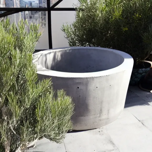 Image similar to large concrete pot on the rooftop, olive trees, comfortable for seating, wpc decking on the floor