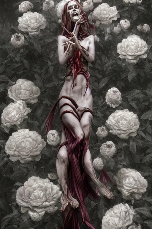 Image similar to Surreal Female Demon of Death with a Sinister Grin Floating in the air, in the middle of a garden of white roses and Dhalias, photo realistic, insanely detailed, mist, trending on artstation, golden ratio, ultra super good realistic 3D render by Gerald Brom