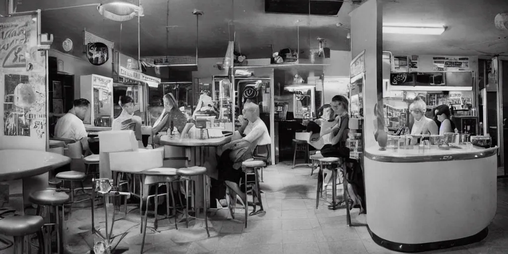 Image similar to detailed sharp photograph in the style of popular science circa 1 9 5 5 and gregory crewdson of a 1 9 5 0 s small town night inside a diner with a teenage girl at the counter drinking a milkshake