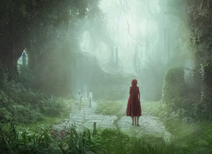 Image similar to secret garden, girl, pathway, spooky, dark, in the style of pan's labyrinth movie, concept art, unreal engine 5, matte painting, artstation, caspar friedrich, wlop