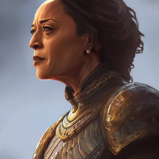 Prompt: kamala harris in game of thrones, highly detailed digital painting, artstation, concept art, smooth, sharp focus, illustration, art by artgerm and greg rutkowski and alphonse mucha