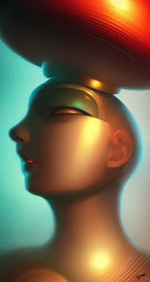 Image similar to art deco close up portait of mushroom head surrounded by spheres, like a dream digital painting cinematic dramatic fluid lines otherworldly vaporwave interesting details rule of thirds epic composition by artgerm