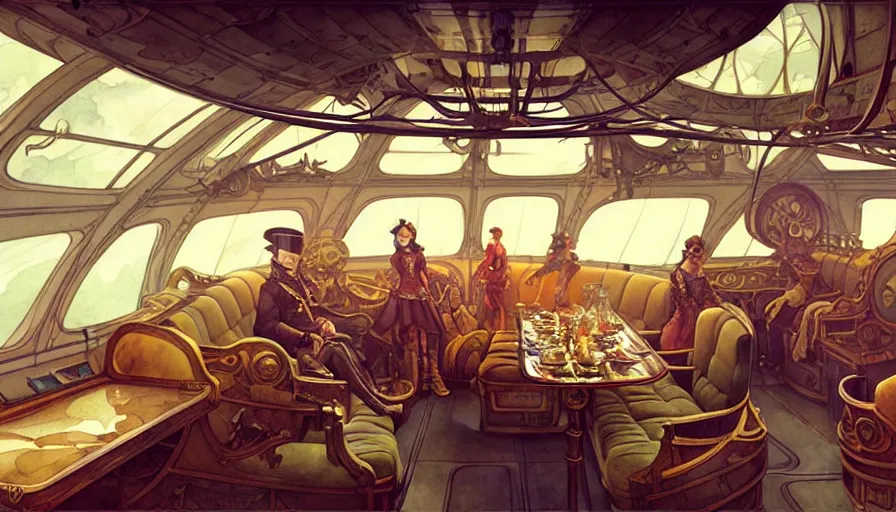 Image similar to airship interior with seats and a dinner table, french baroque, napoleonic, dieselpunk science fiction, steampunk, sharp, concept art watercolor illustration by mandy jurgens and alphonse mucha, dynamic lighting