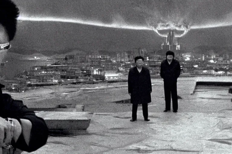 Image similar to a filmstill of Kim Jong-il looking at Starro Kaiju monster destroying Pyongyang, in Stalker (1979) by Andreï Tarkovski, traditional Korean city, palace, epic ultrawide shot, cinémascope