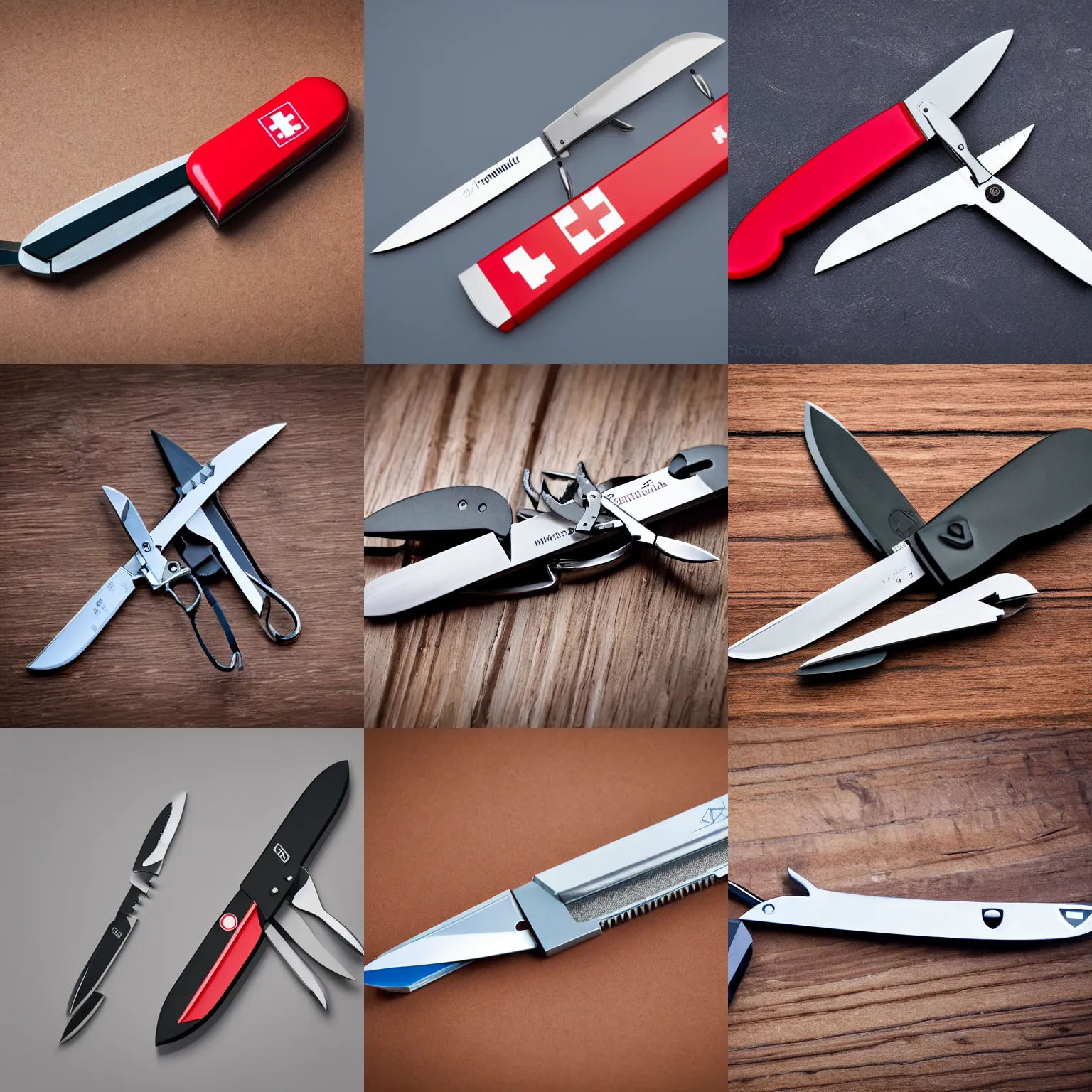 Prompt: antropomorphic swiss army knife with a face. professional product photography.