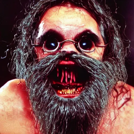 Image similar to bearded man with living teeth and tentacles in the style of the horror film The Thing 1982. Filmic.