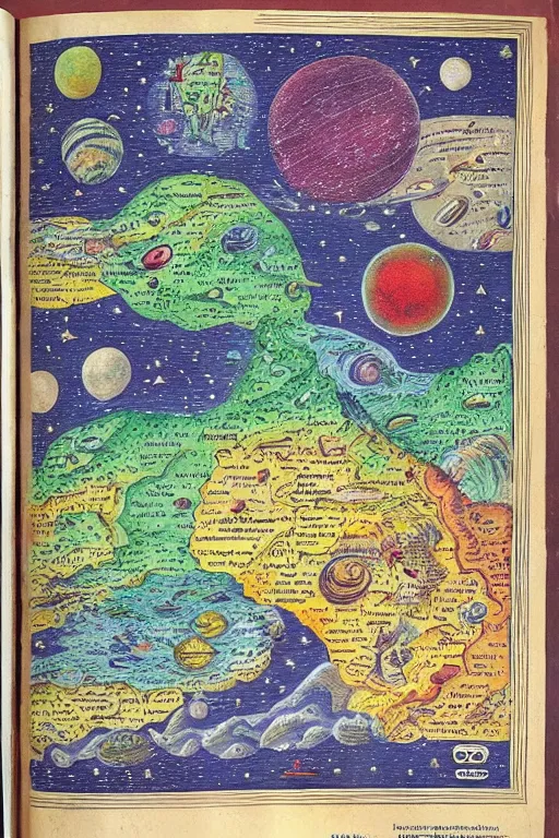 Prompt: a book open to a map of another galaxy, in the style of the codex seraphinianus