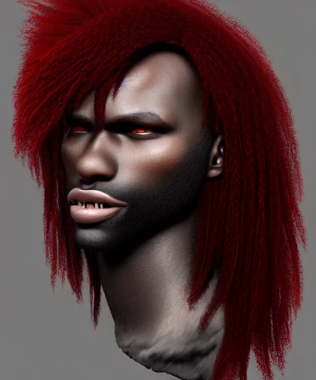 Image similar to award winning portrait of a anthropomorphic black male wolf long red hair. artstation, artistic lighting, highly detailed, photorealistic, fantasy