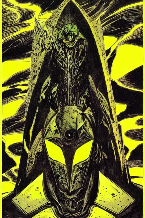 Image similar to black and yellow technicolor color risoprint, richard corben, wayne barlowe, moebius, heavy metal comic cover art, psychedelic triangular lich in heavy shoulders armor, very intricate, thick outline, full body, symmetrical face, long black crown, in a shapes background, galactic dark colors