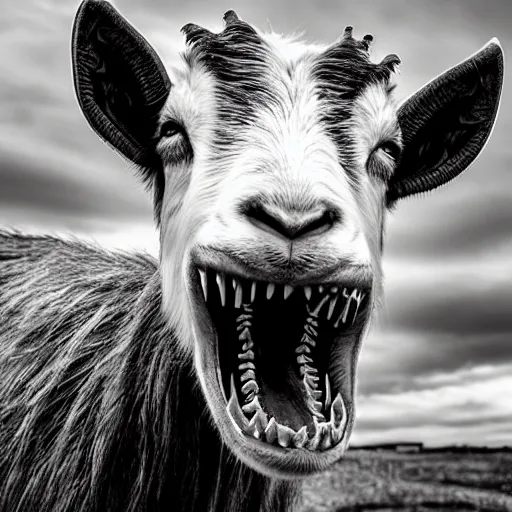 Prompt: horror, highly detailed photography, desaturated, mutated goat with huge mouth open to reveal filthy crocodile - like teeth, matted fur, in muddy medieval village, howling, screeching