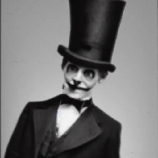 Prompt: black and white photo of a disturbing humanoid with sharp teeth and black eyes wearing a top hat