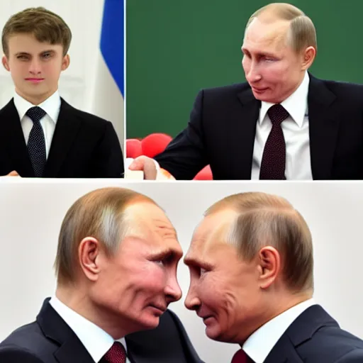 Image similar to putin teams up with a teenage putin, perfect faces