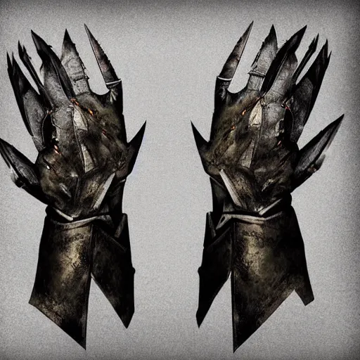 Image similar to metal claws on gloves, weaponized gauntlett, old gloves with attached talons, pointy fingertips, dark background, highly detailed, 8 k, trending on artstation, mystic, rpg artwork, by peter jackson, by sauron