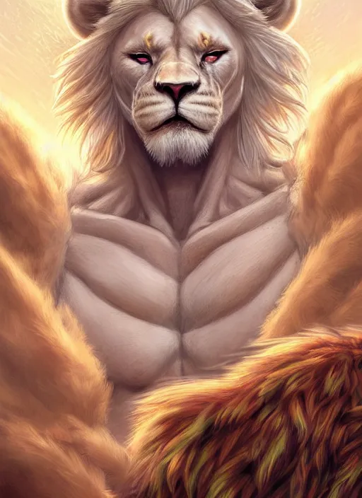 Image similar to aesthetic portrait commission of a of a male fully furry muscular anthro albino lion with a tail and a beautiful attractive hyperdetailed face, wearing ancient roman attractive gladiator outfit in a sci-fi dystopian roman coliseum at golden hour with crowds of people watching in the stadiums behind him. Character design by charlie bowater, ross tran, artgerm, and makoto shinkai, detailed, inked, western comic book art, 2021 award winning film poster painting