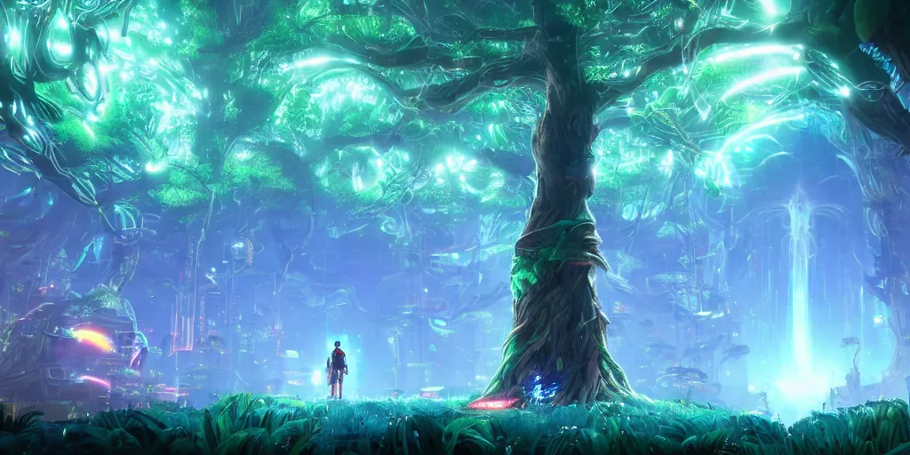 Image similar to huge cybernetic trees and neon cyberpunk lanterns, misty nighttime. radiating rich energy. photorealistic, expansive atmosphere, volumetric shading, holographic, intricate and detailed, vivid colors. aesthetic. ori and the blind forest, breath of the wild style, by miyazaki ghibli!!!. trending on artstation. award winning