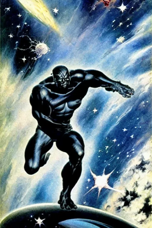 Image similar to Silver Surfer flying through space, by Frank Frazetta