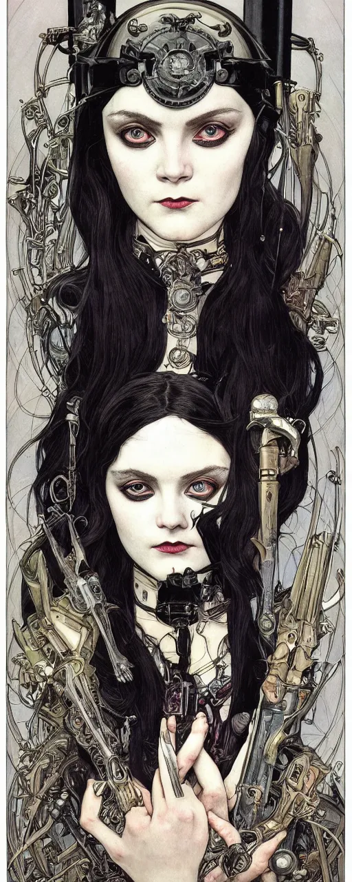 Prompt: beautiful stunning sci - fi art nouveau portrait of wednesday addams as a heavy metal industrial crustpunk rebel soldier by michael kaluta, moebius and alphonse mucha, photorealism, extremely hyperdetailed, perfect symmetrical facial features, perfect anatomy, ornate declotage, weapons, circuitry, high technical detail, determined expression, piercing gaze