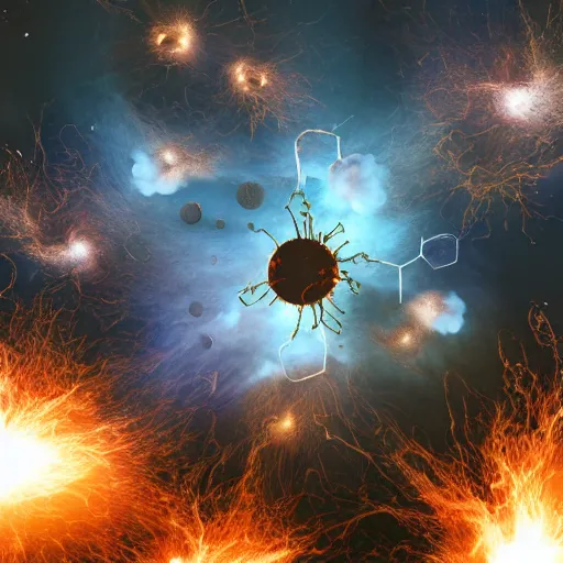 Prompt: army of interconnected neurons made of steel in space with hubble background, amazing, fire, splash, vray, 5 5 mm