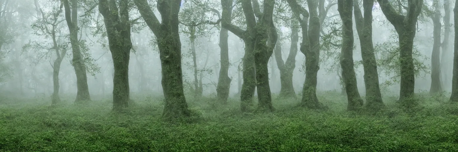 Image similar to an enchanted forest of oak trees, mist and rain