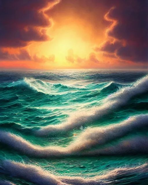 Image similar to highly open sea with big waves, sunset, hyper realistic, artstation, illustration, nicoletta ceccoli, mark ryden, lostfish, dan decarlo, bob clampett, max fleischer, digital paint, matte paint, vivid colors, detailed and intricate environment
