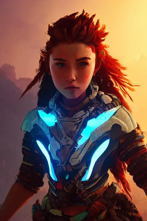 Image similar to combination suit armor aloy horizon forbidden west horizon zero dawn radiating a glowing aura global illumination ray tracing hdr fanart arstation by ian pesty and alena aenami artworks in 4 k tribal robot ninja mask helmet backpack