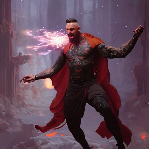 Image similar to tattooed gym bro mage in an earth blast magic spell vfx, diagonal spell vfx, fantasy game spell, fantasy epic digital art, by greg rutkowski, gaston bussiere, craig mullins, j. c. leyendecker, tom of finland